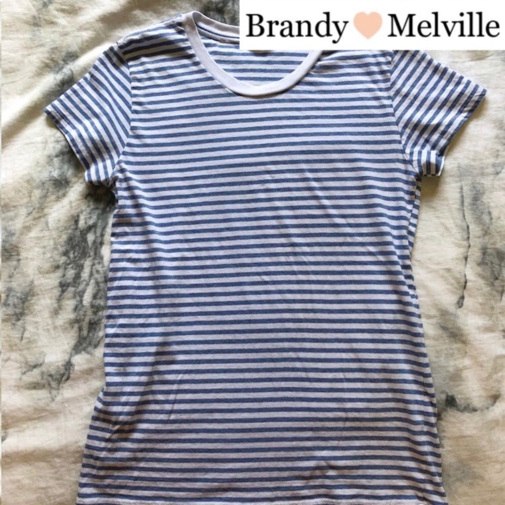 Brandy Melville White and Light Blue Striped Tee